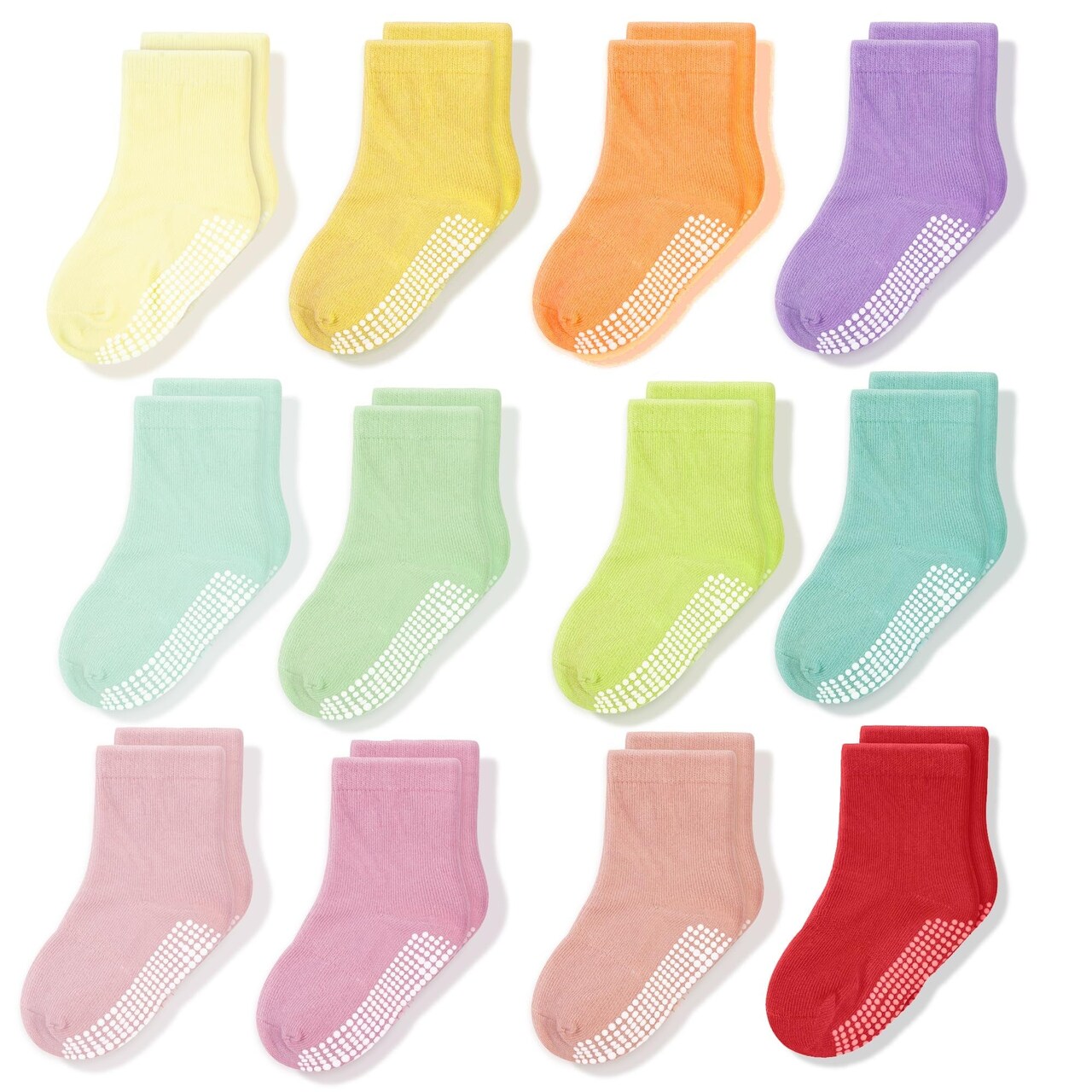 CozyWay Kids Non-Slip Crew Grip Socks - Non-Slip Safety Grip & Childrens Socks - 7-9 Years, Multicolor - Pack of 12